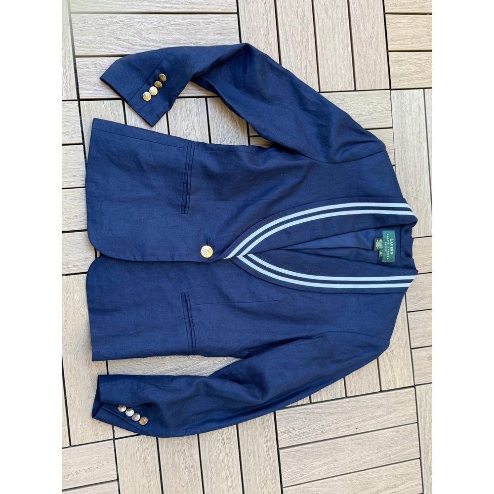 1990 Lauren Ralph Lauren navy blue linen nautical single button blazer - Picture 6 of 10